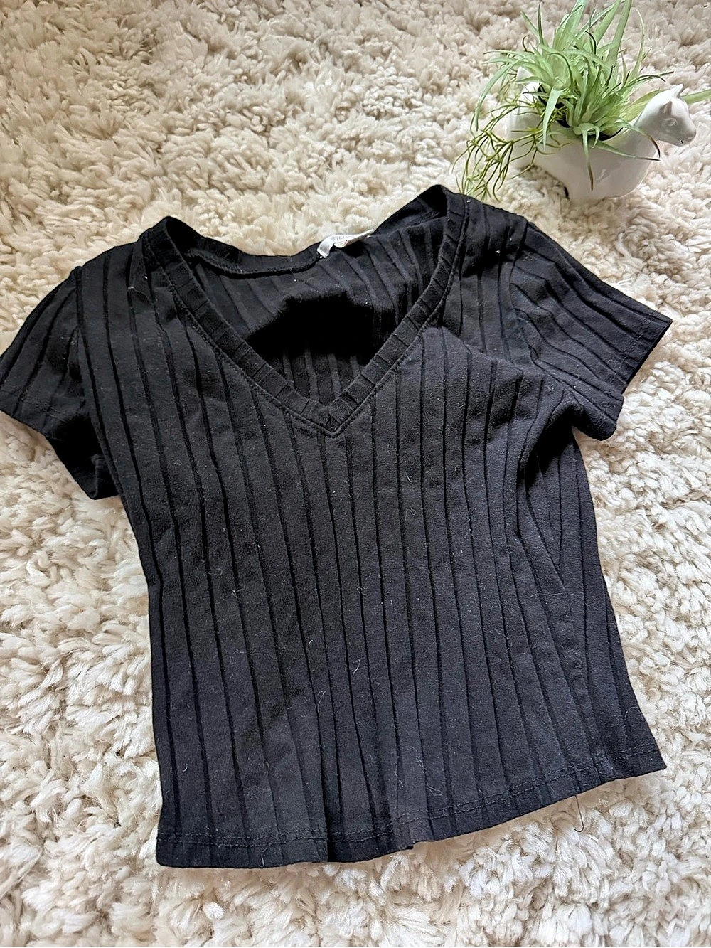 Bozzolo cute simple thick casual women’s Ribbed V-Neck Top Black Size Medium